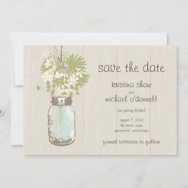 Rustic Mason Jar & Wildflowers Save the Date (Front)