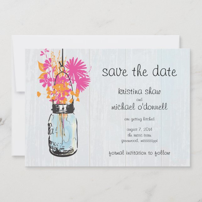 Rustic Mason Jar & Wildflowers Save the Date (Front)