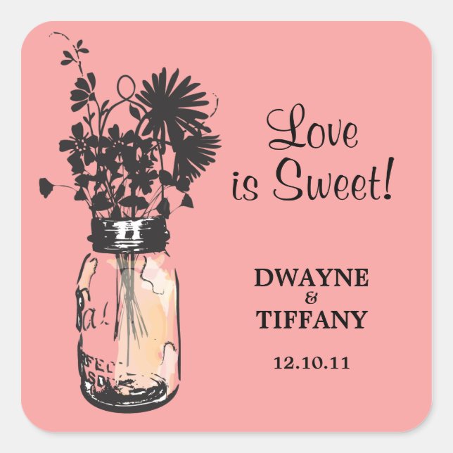 Rustic Mason Jar & Wildflowers Square Sticker (Front)