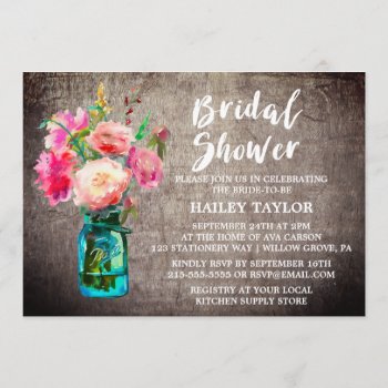 Rustic Mason Jar With Flower Bouquet Bridal Shower Invitation by FreshAndYummy at Zazzle