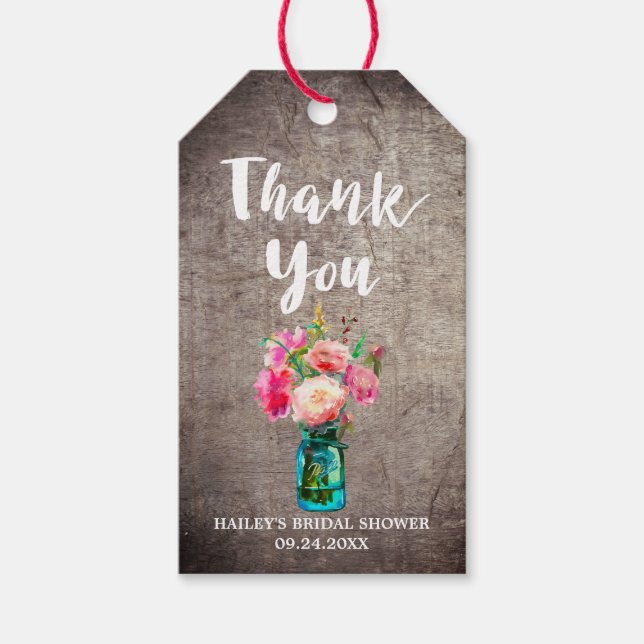 Rustic Mason Jar with Flower Bouquet Thank You Gift Tags (Front)