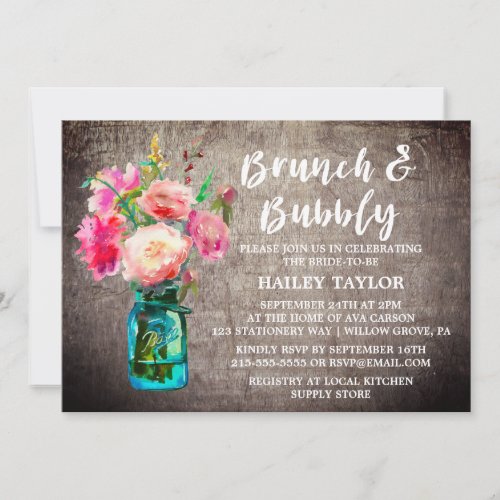Rustic Mason Jar with Flowers Brunch and Bubbly Invitation