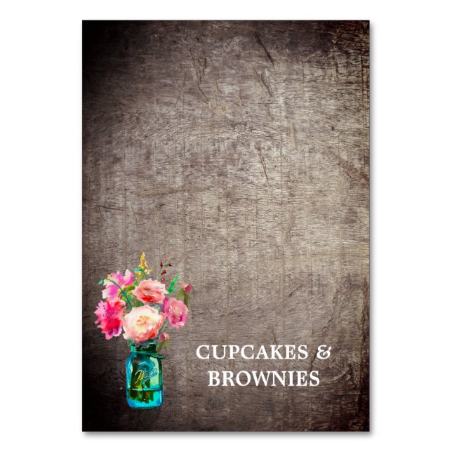 Rustic Mason Jar with Flowers Food Tent Cards (Front)