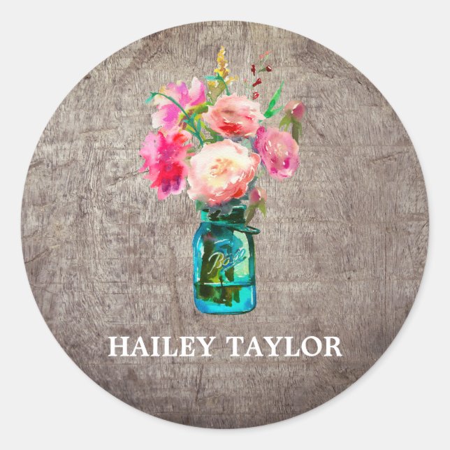 Rustic Mason Jar with Flowers Name Classic Round Sticker (Front)