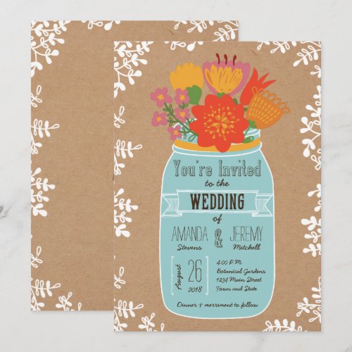 Rustic Mason Jar with Flowers on Craft Paper Announcements
