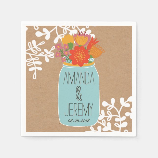 Rustic Mason Jar with Flowers on Craft Paper Napkins (Front)