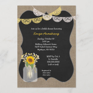 Rustic Mason Jar with sunflowers baby's breath Invitation