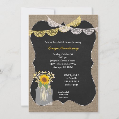 Rustic Mason Jar with sunflowers babys breath Invitation