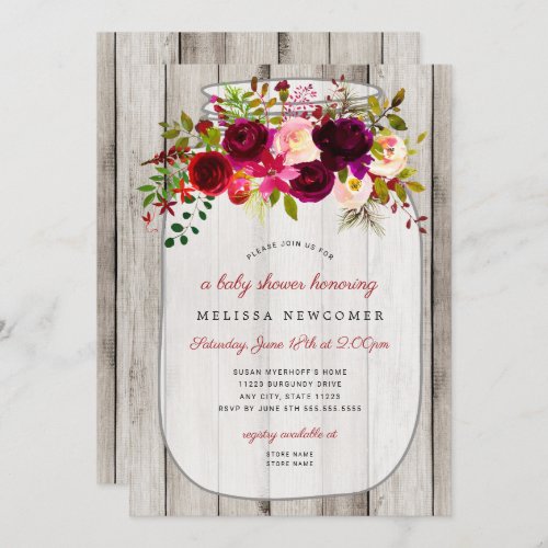 Rustic mason jar wood floral baby shower  invitation