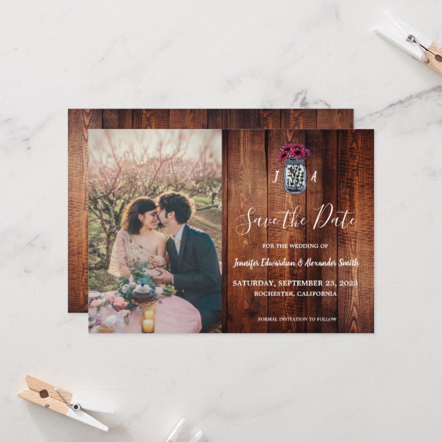 Rustic Mason jar wood monogram photo Save the Date Invitation (Front/Back In Situ)