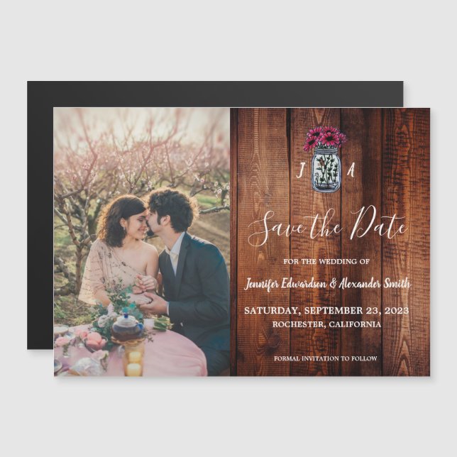 Rustic Mason jar wood monogram photo Save the Date Magnetic Invitation (Front/Back)