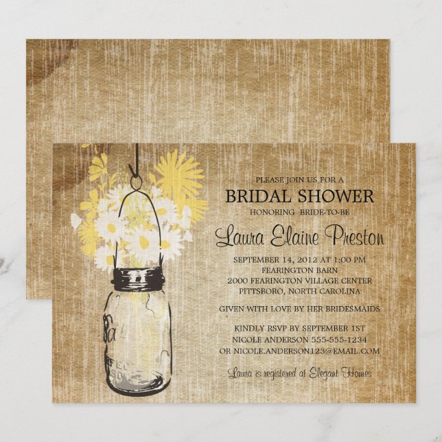 Rustic Mason Jar Yellow Floral Bridal Shower Invitation (Front/Back)