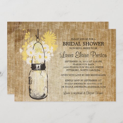 Rustic Mason Jar Yellow Floral Bridal Shower Invitation