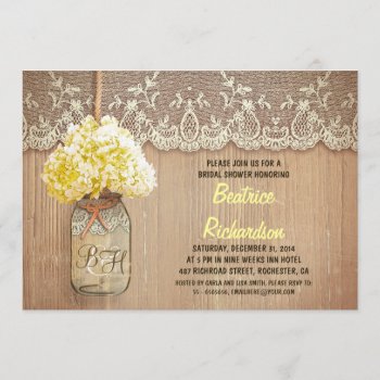 Rustic Mason Jar Yellow Hydrangea Bridal Shower Invitation by jinaiji at Zazzle