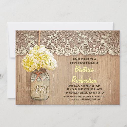 rustic mason jar yellow hydrangea bridal shower invitation