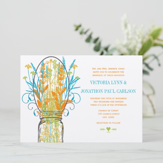 Rustic Mason Jar Yellow Orange Lime Aqua Wedding Invitation (Standing Front)
