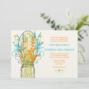 Rustic Mason Jar Yellow Orange Lime Aqua Wedding Invitation