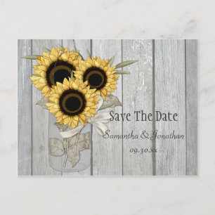 Rustic Mason Jar Yellow Sunflowers Save The Date Announcement Postcard