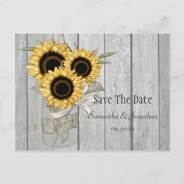 Rustic Mason Jar Yellow Sunflowers Save The Date Announcement Postcard (Front)