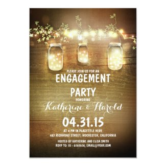 rustic mason jars and lights engagement party card