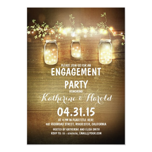 Rustic Mason Jars And Lights Engagement Party Invitation