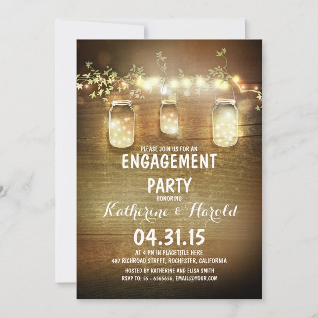 rustic mason jars and lights engagement party invitation (Front)