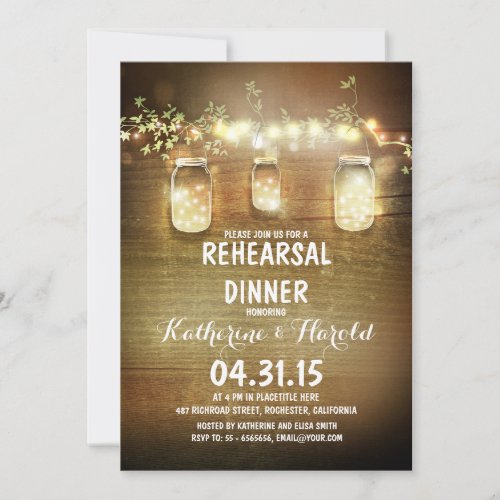rustic mason jars and lights rehearsal dinner invitation