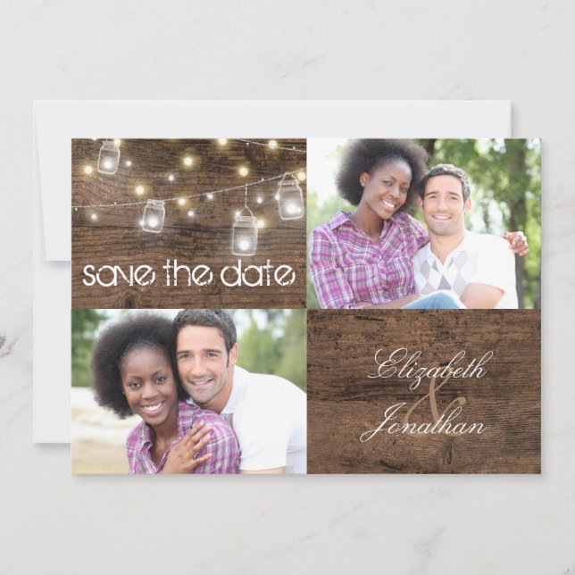 Rustic Mason Jars and String Lights Photo Wedding Save The Date (Front)