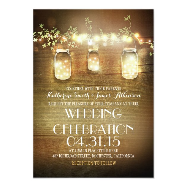 Rustic Mason Jars And String Lights Wedding Invitation