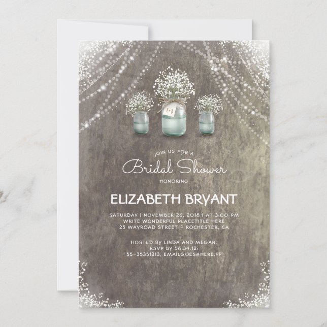 Rustic Mason Jars Baby's Breath Bridal Shower Invitation (Front)