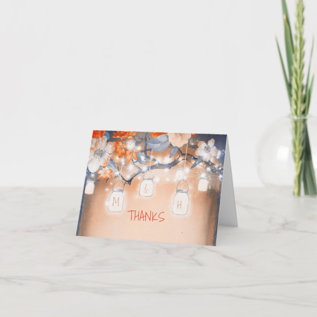 Rustic Mason Jars Floral Tree Lights Thank You Card (Front)