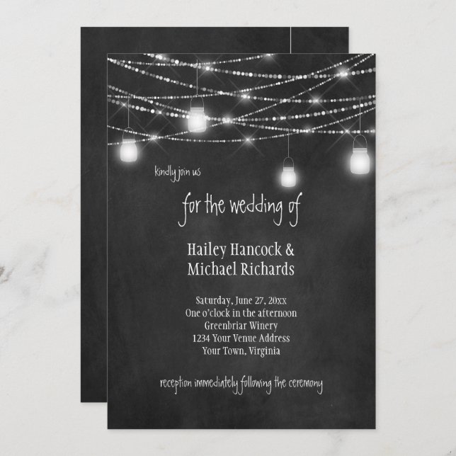 Rustic Mason Jars Lights Chalkboard Invitations (Front/Back)