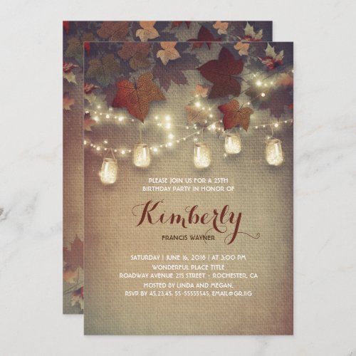 Rustic Mason Jars Lights Fall Birthday Party Invitation - Maple leaves inspired rustic fall birthday party invitation with the romantic string of lights, mason jars decor and burlap background image.