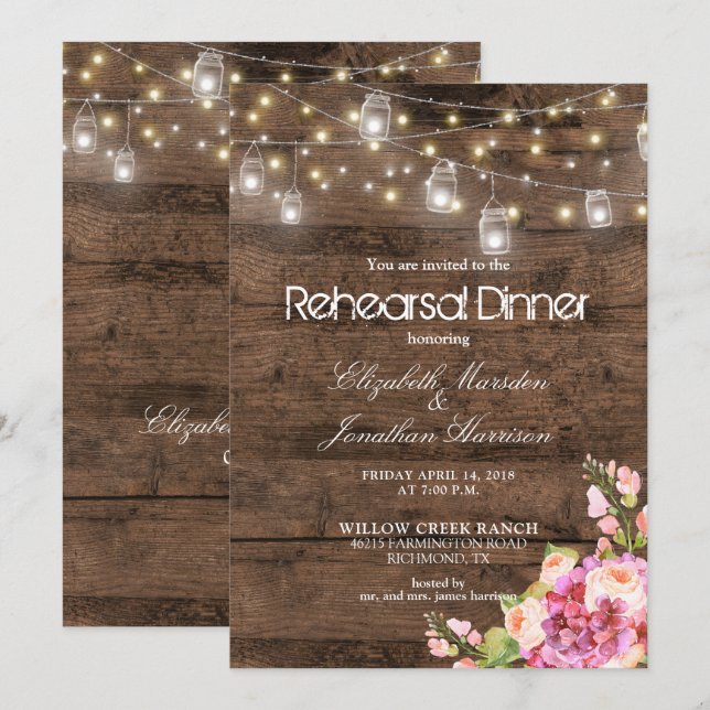 Rustic Mason Jars Lights Floral Rehearsal Dinner Invitation (Front/Back)
