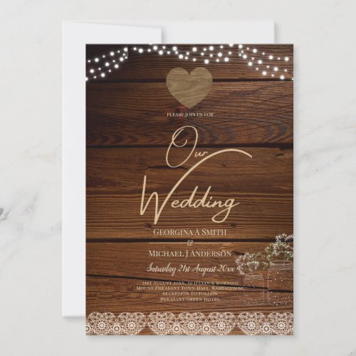 Rustic Mason Jars Lights Lace Gypsophilia WEDDING Invitation