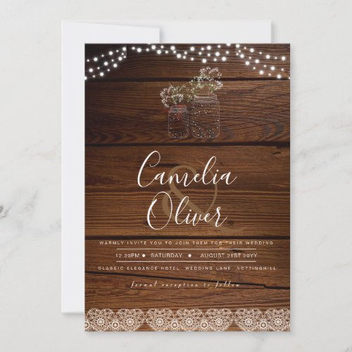 Rustic Mason Jars Lights Lace Gypsophilia WEDDING Invitation