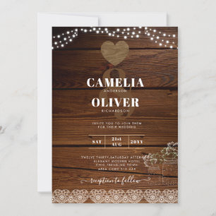 Rustic Mason Jars Lights Lace Gypsophilia WEDDING Invitation