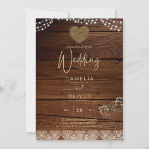 Rustic Mason Jars Lights Lace Gypsophilia WEDDING Invitation