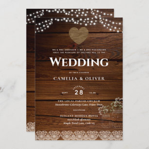 Rustic Mason Jars Lights Lace Gypsophilia WEDDING Invitation