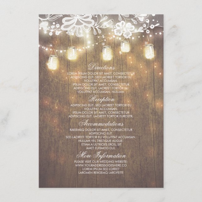 Rustic Mason Jars Lights Lace Wedding Information Enclosure Card (Front)