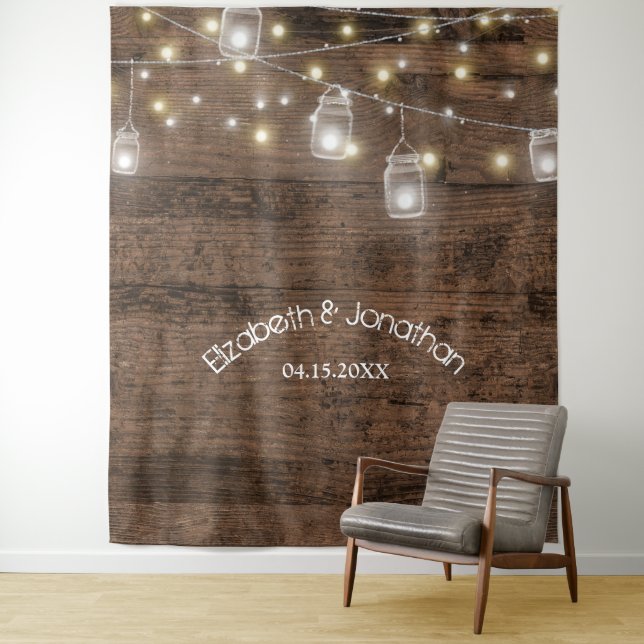 Rustic Mason Jars & Lights Wedding Photo Backdrop (In Situ)