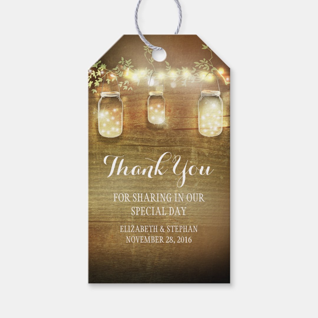 Rustic Mason Jars Lights Wedding Thank You Gift Tags | Zazzle