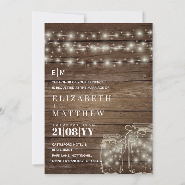 Rustic Mason Jars Lights Wood Wedding Invitations (Front)