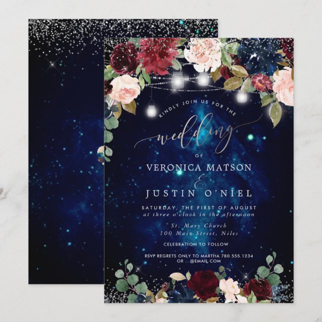 Rustic Mason Jars Midnight Sky Burgundy Flowers Invitation (Front/Back)