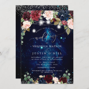 Rustic Mason Jars Midnight Sky Burgundy Flowers Invitation