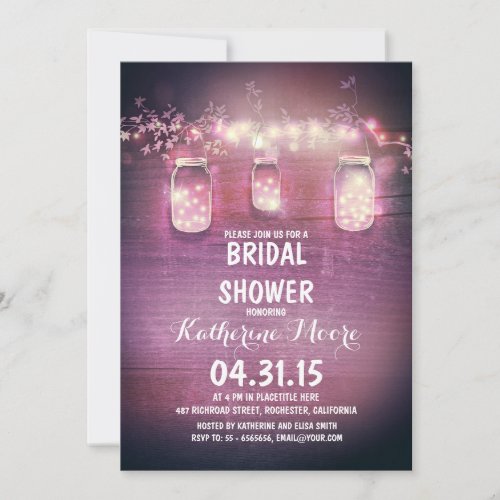 rustic mason jars  string lights bridal shower invitation