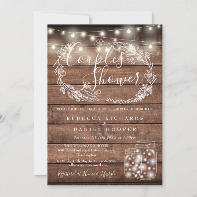 Rustic Mason Jars String Lights Couples Shower Invitation (Front)