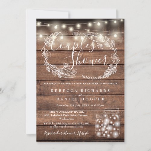 Rustic Mason Jars String Lights Couples Shower Invitation