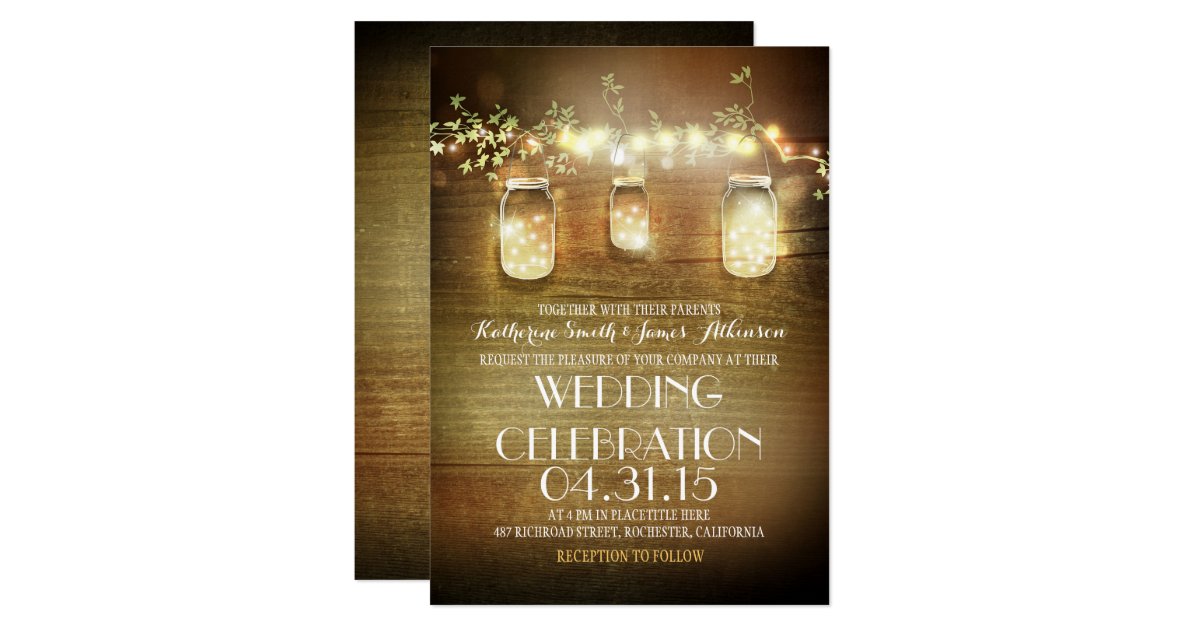 Rustic Wedding Invitations Announcements Zazzle Rustic Mason Jars String Lights Elegant Wedding Card