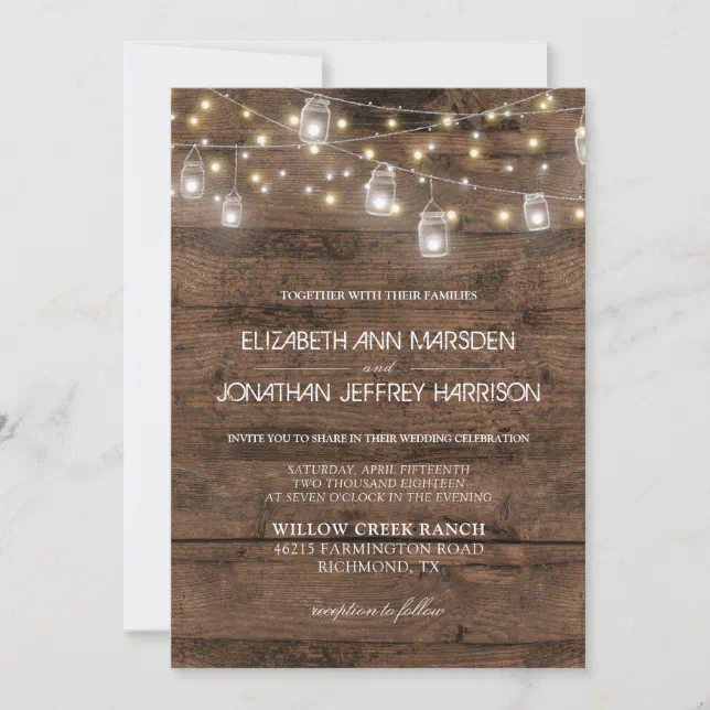 Rustic Mason Jars String Lights Elegant Wedding Invitation Zazzle
